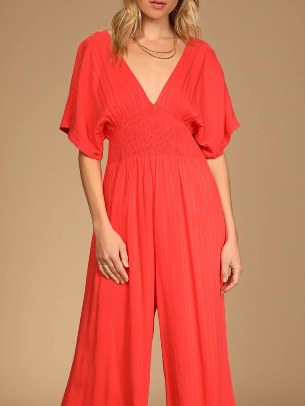 Lulu's Coral Red V-Neck Wide-Leg Jumpsuit with Flutter Sleeves